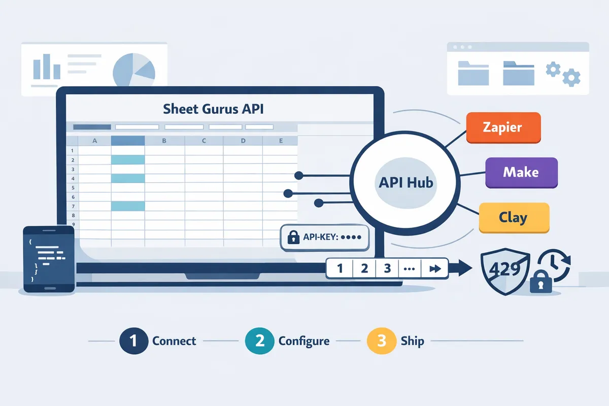 Connect a Google Sheets REST API to Zapier, Make, Relay.app, and Clay (2026): API‑Key Auth, Pagination, and 429‑Safe Retries