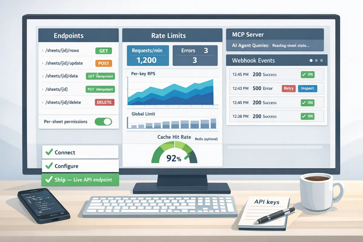 No-Code Google Sheets REST API: From Prototype to Production (Auth, Rate Limits, Caching, AI Agents)